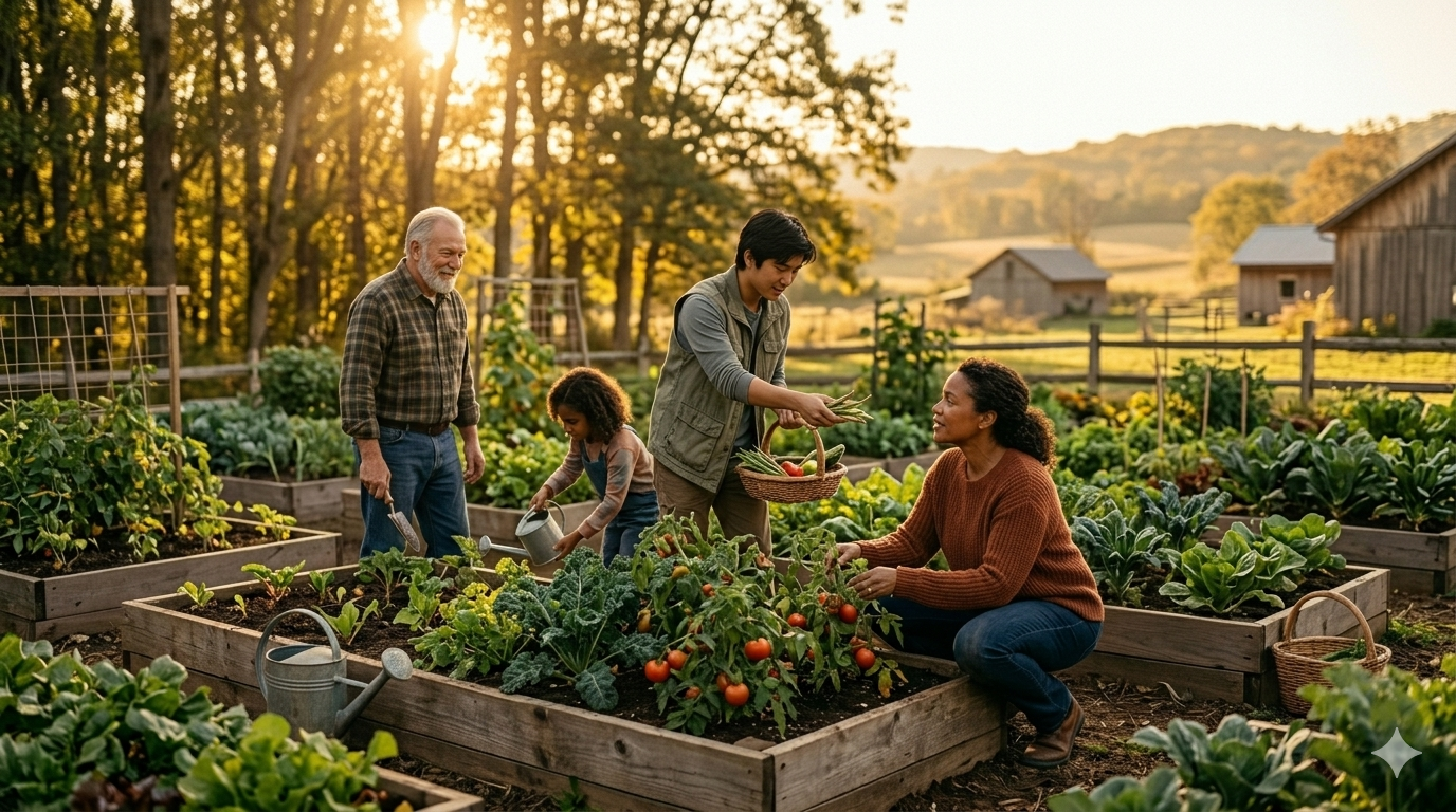 A small group tending a community garden together in warm afternoon light — practical, purposeful, and relaxed