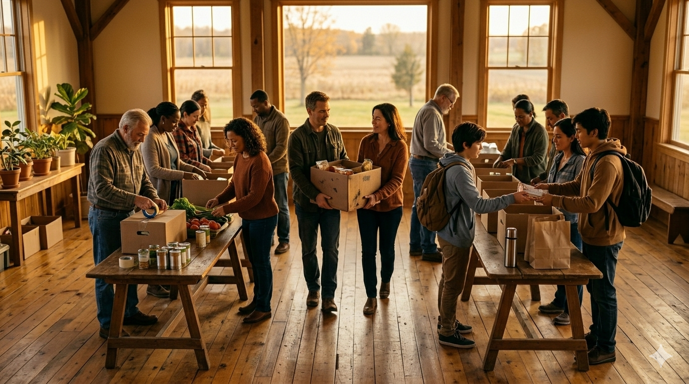 People working together in a warm community space, carrying and sharing food and supplies. Purposeful and warm.