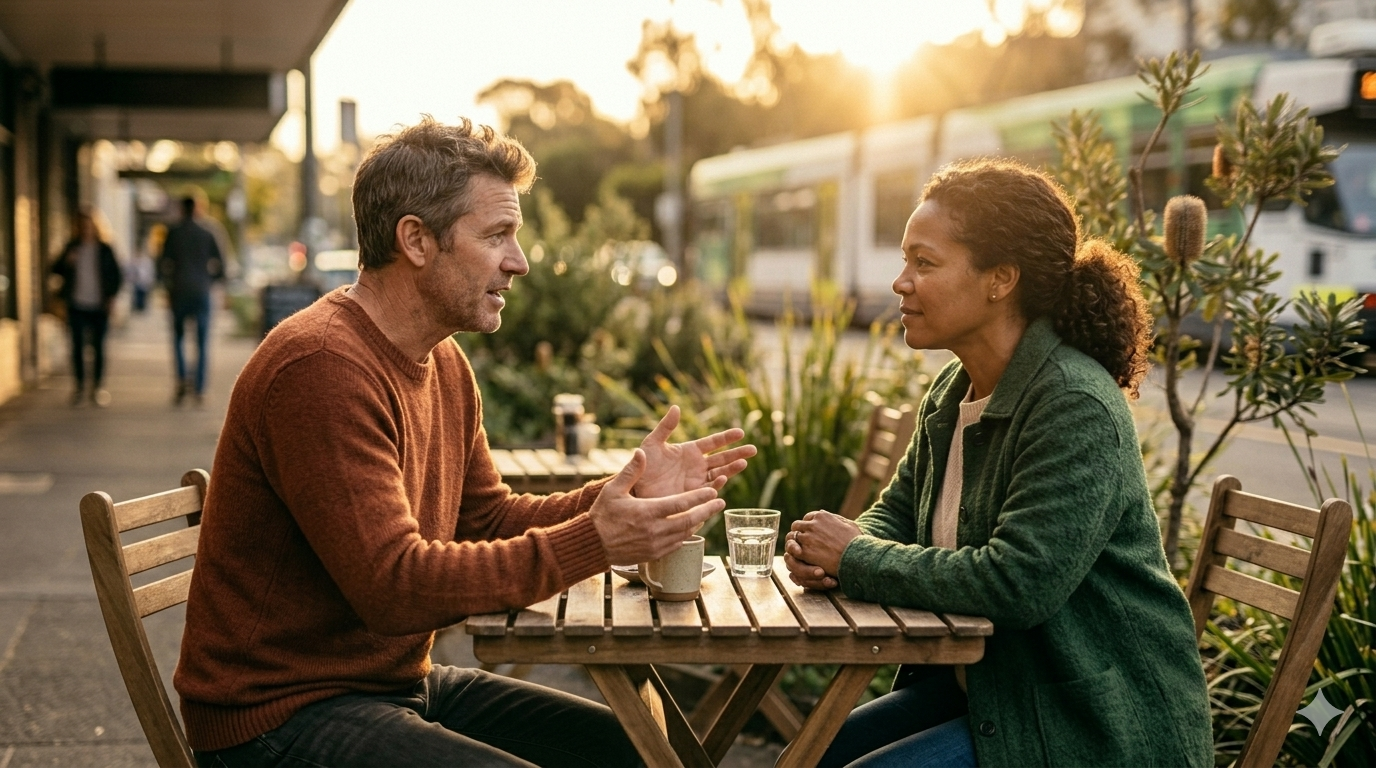 Two people at an outdoor table in deep conversation. One speaks with evident care; the other listens with full attention. Warm afternoon light.