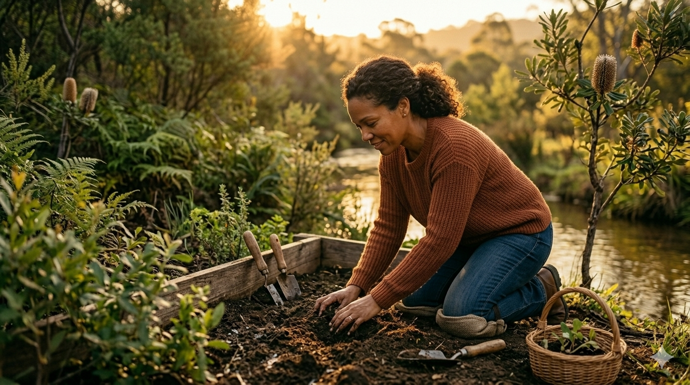 A person working contentedly in a garden at sunrise — hands in soil, warm golden light. A chosen morning, unhurried.