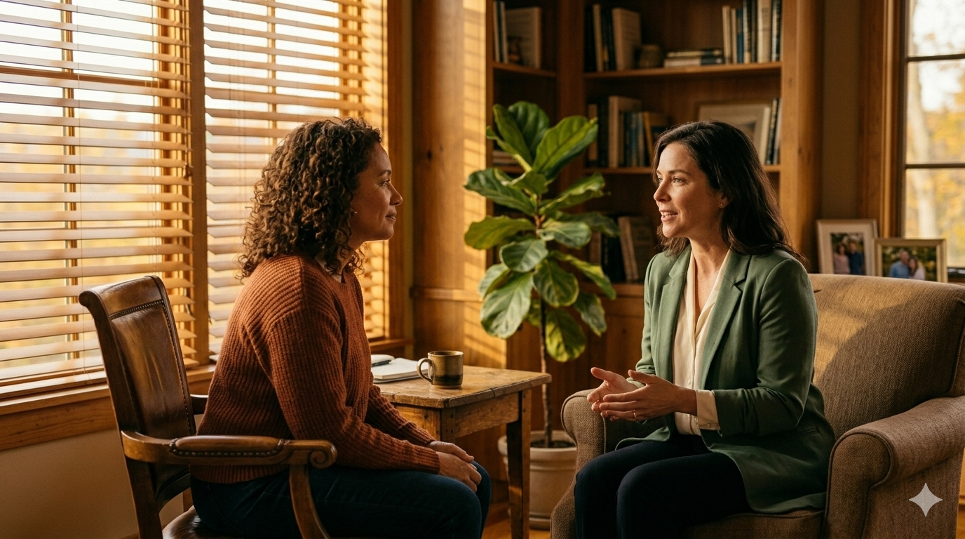 Two people in genuine, attentive conversation in a warm, softly lit professional setting. One listens intently; the other speaks with care.