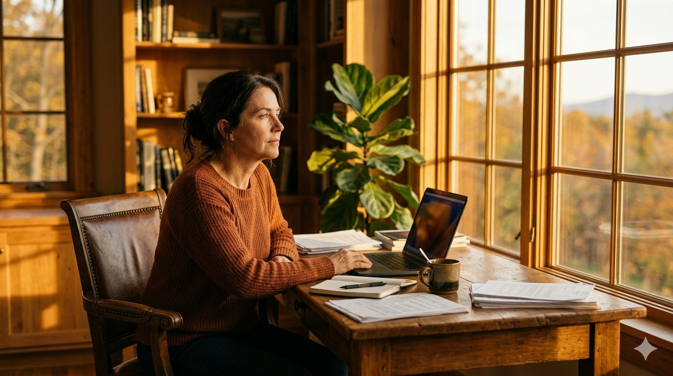 A person at a desk beside a sunlit window, looking away from their screen in quiet thought. Papers and coffee nearby. Warm afternoon light.