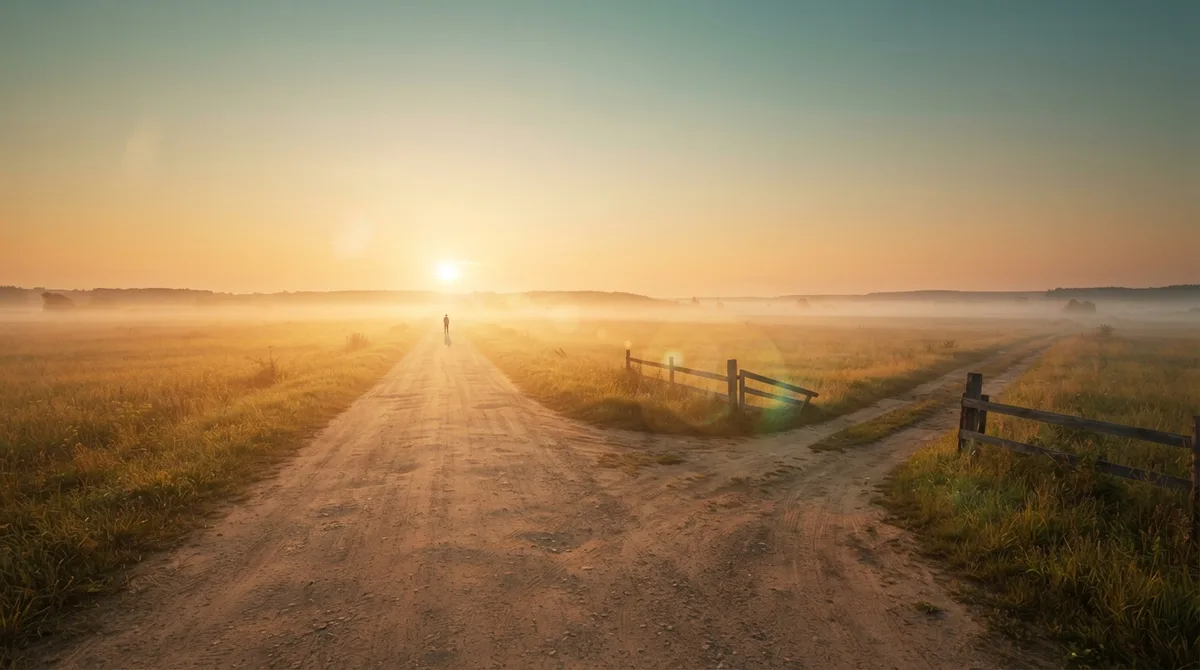 A dirt road forks at sunrise in misty countryside — one path continues straight and open toward the horizon, the other cuts through a gap in a broken fence toward the same sunrise. A lone distant figure stands at the fork.