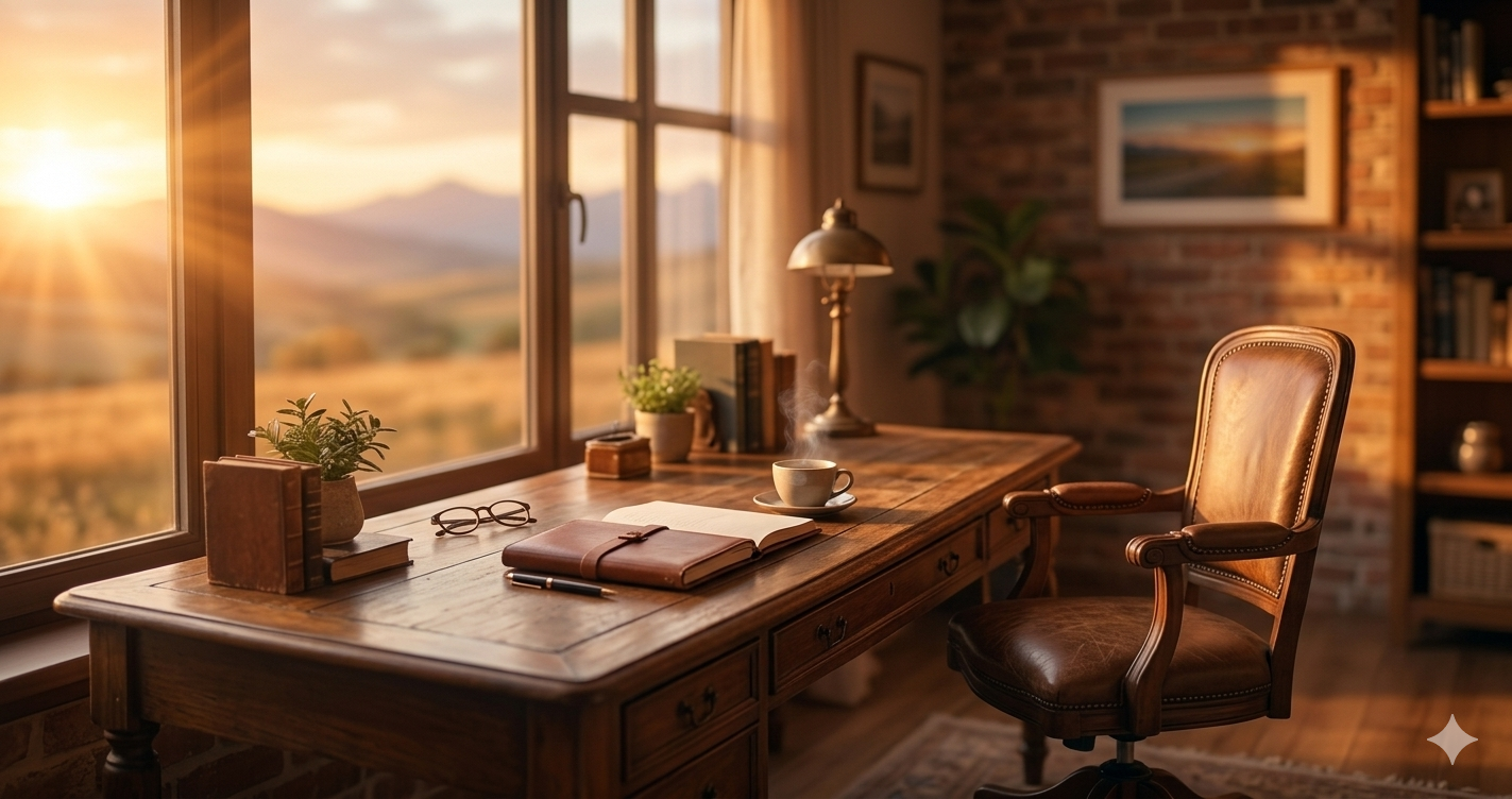 A desk at sunrise — the contemplative moment where Future Together began