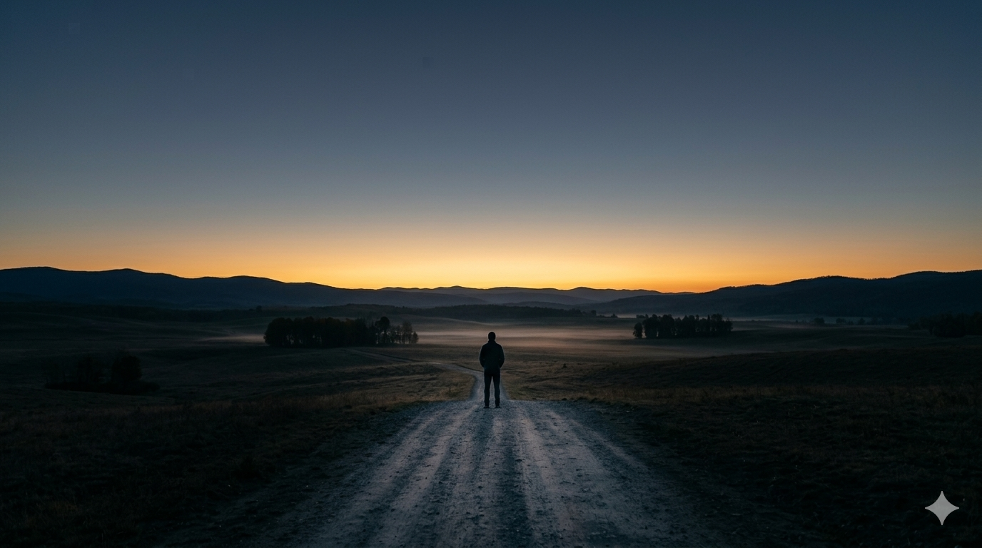 A lone figure at the edge of a vast landscape at dawn, facing a glowing horizon. The path ahead is illuminated but uncertain.