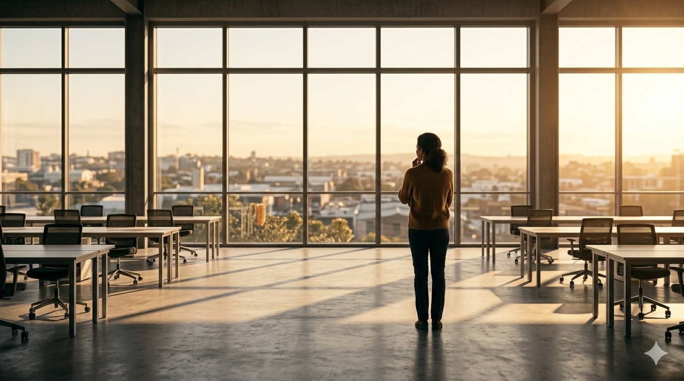 A person stands alone before large windows in an open, sunlit workspace, looking out at the world beyond. The space around them tells a story of change.